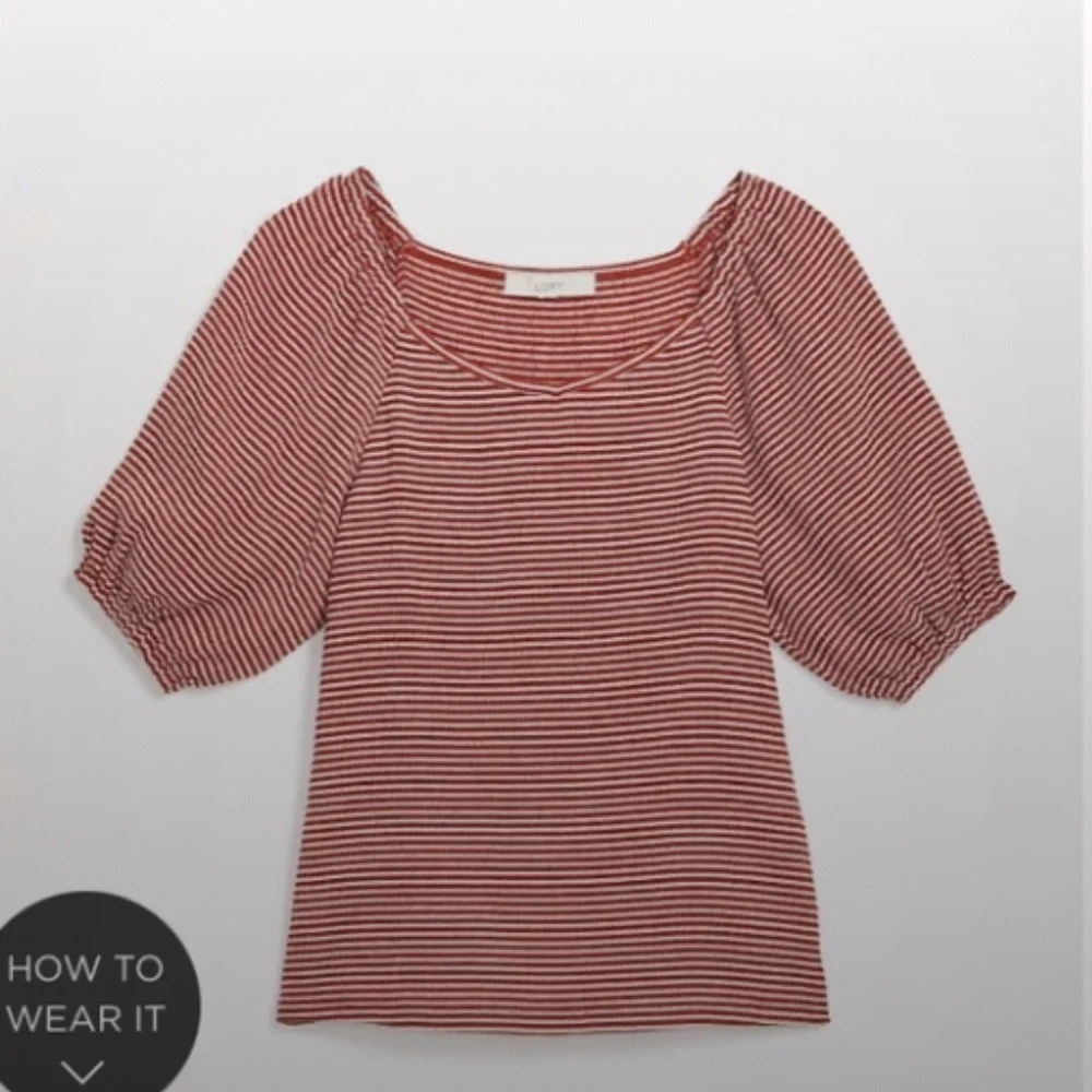 LOFT NWT Striped Puff Sleeve V-Neck Top - Picture 2 of 2